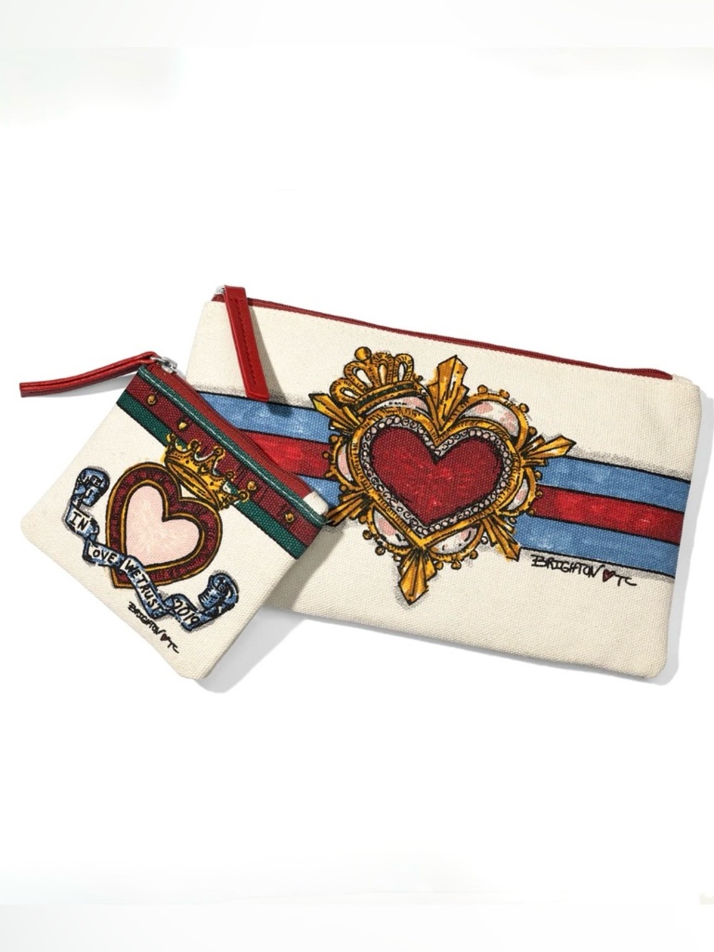 BRIGHTON, IN LOVE WE TRUST, Heart Stripe Zipper Pouch Set of 2 by Tom Clancy NWT - Picture 2 of 9